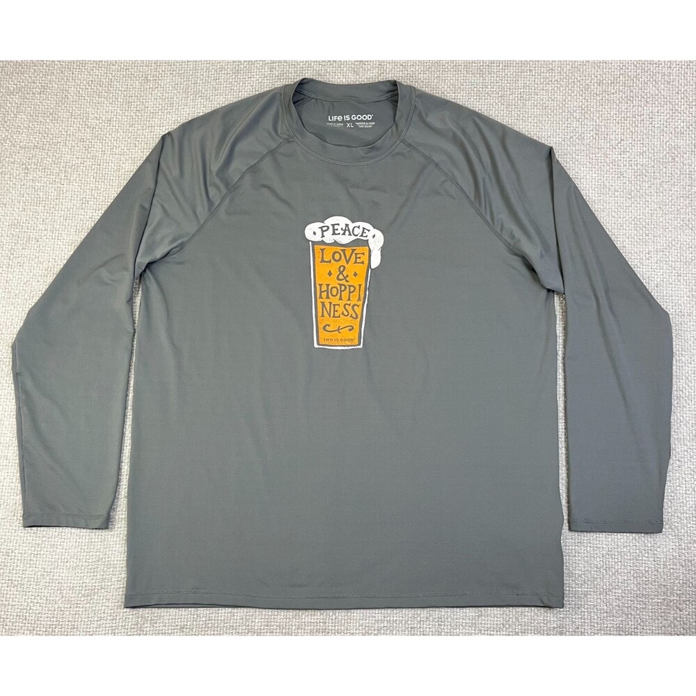 Life Is Good T-Shirt Men's XL Peace Love Hoppiness Long Sleeve Gray Beer